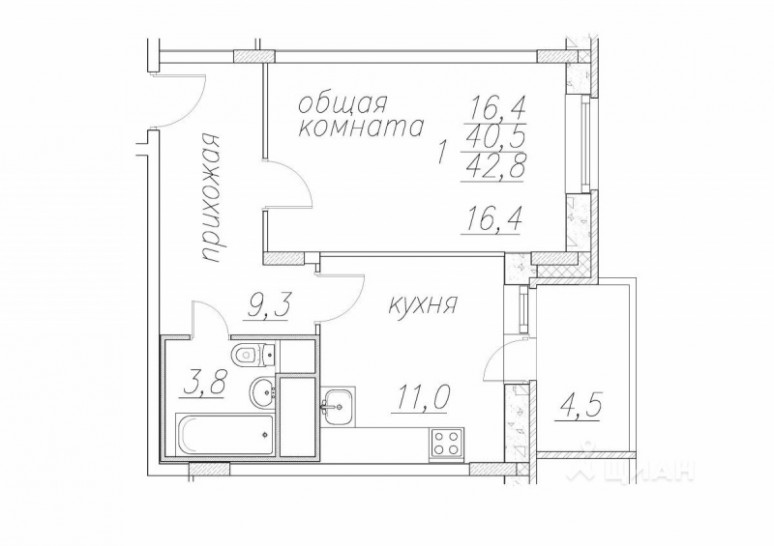 Однокомнатная квартира 42.8 м²