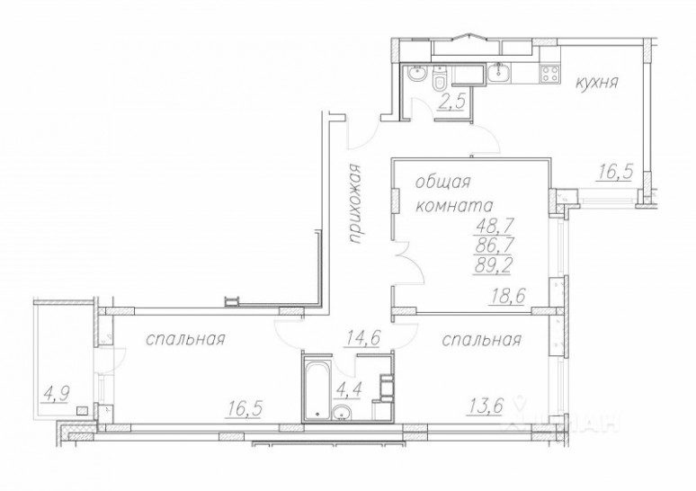 Трёхкомнатная квартира 89.2 м²