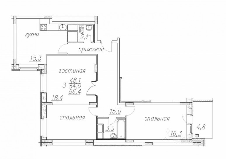 Трёхкомнатная квартира 86.4 м²