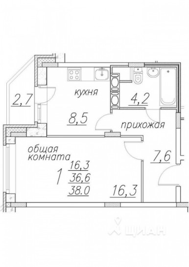 Однокомнатная квартира 38 м²