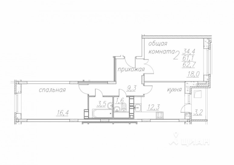 Двухкомнатная квартира 62.9 м²
