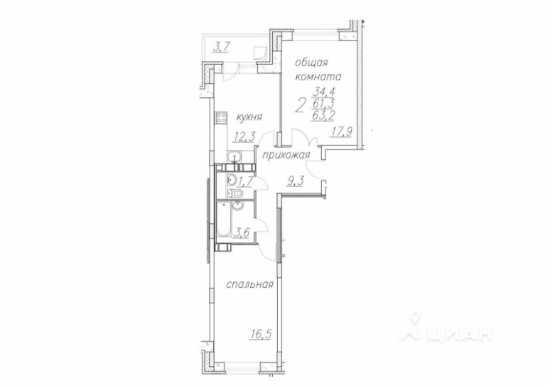 Двухкомнатная квартира 63.2 м²