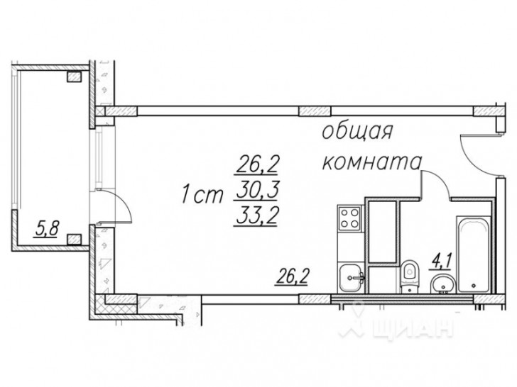 Студия 33.9 м²