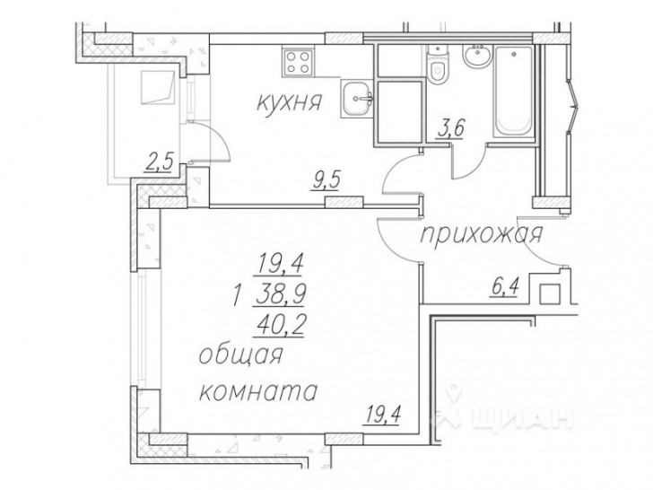 Однокомнатная квартира 41.2 м²