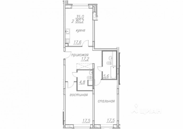 Двухкомнатная квартира 80.2 м²