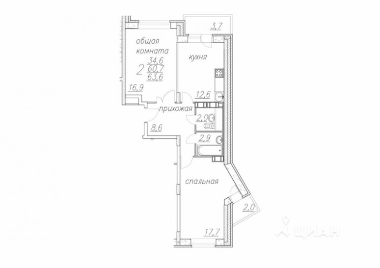 Двухкомнатная квартира 63.6 м²