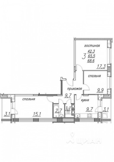 Трёхкомнатная квартира 68.6 м²