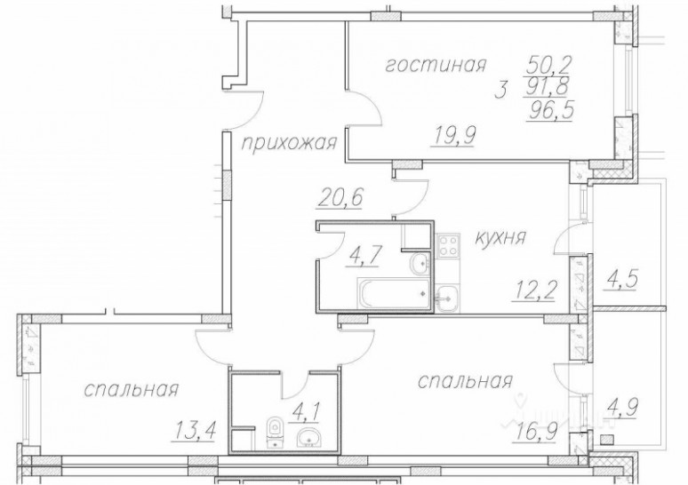Трёхкомнатная квартира 96.5 м²